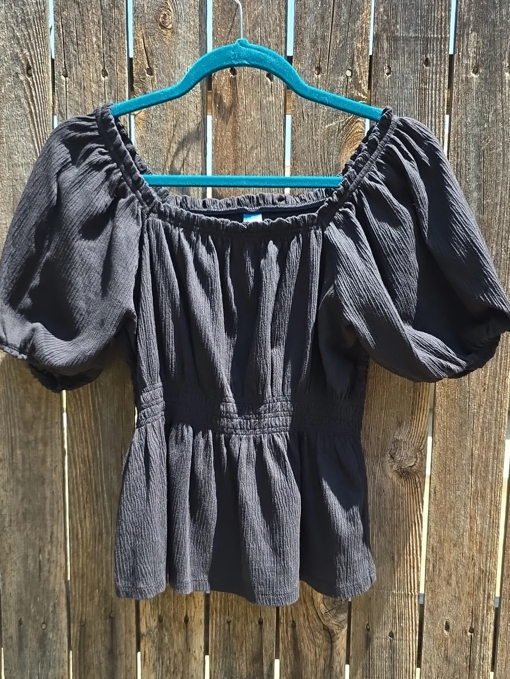 Women’s Black Boho Smocked Off-Shoulder Puff Sleeve Top